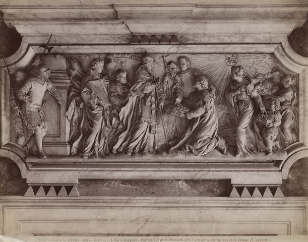 Alinari, Fratelli — Roma - Basilica di S. Maria Maggiore - Portico. Il Patrizio Giovanni offre l'oro per la costruzone della Chiesa (B. Ludovisi) — insieme